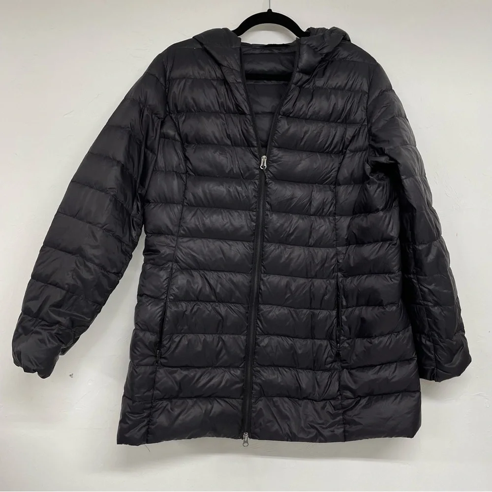 Eddie Bauer Black Down Filled Puffer Coat Lightweight Packable Hooded Long M